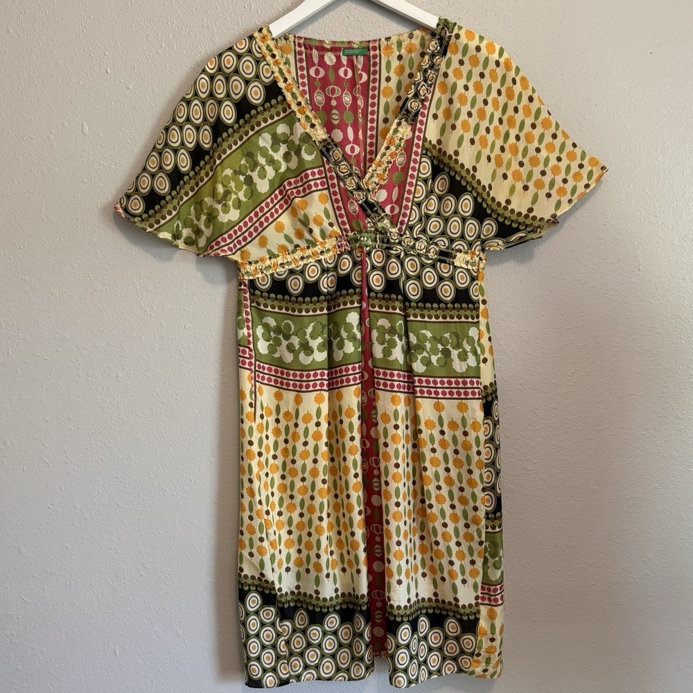 100%‎ Silk Geo Print Mod Empire Waist Dress Made in Europe Benetton Whimsigoth M